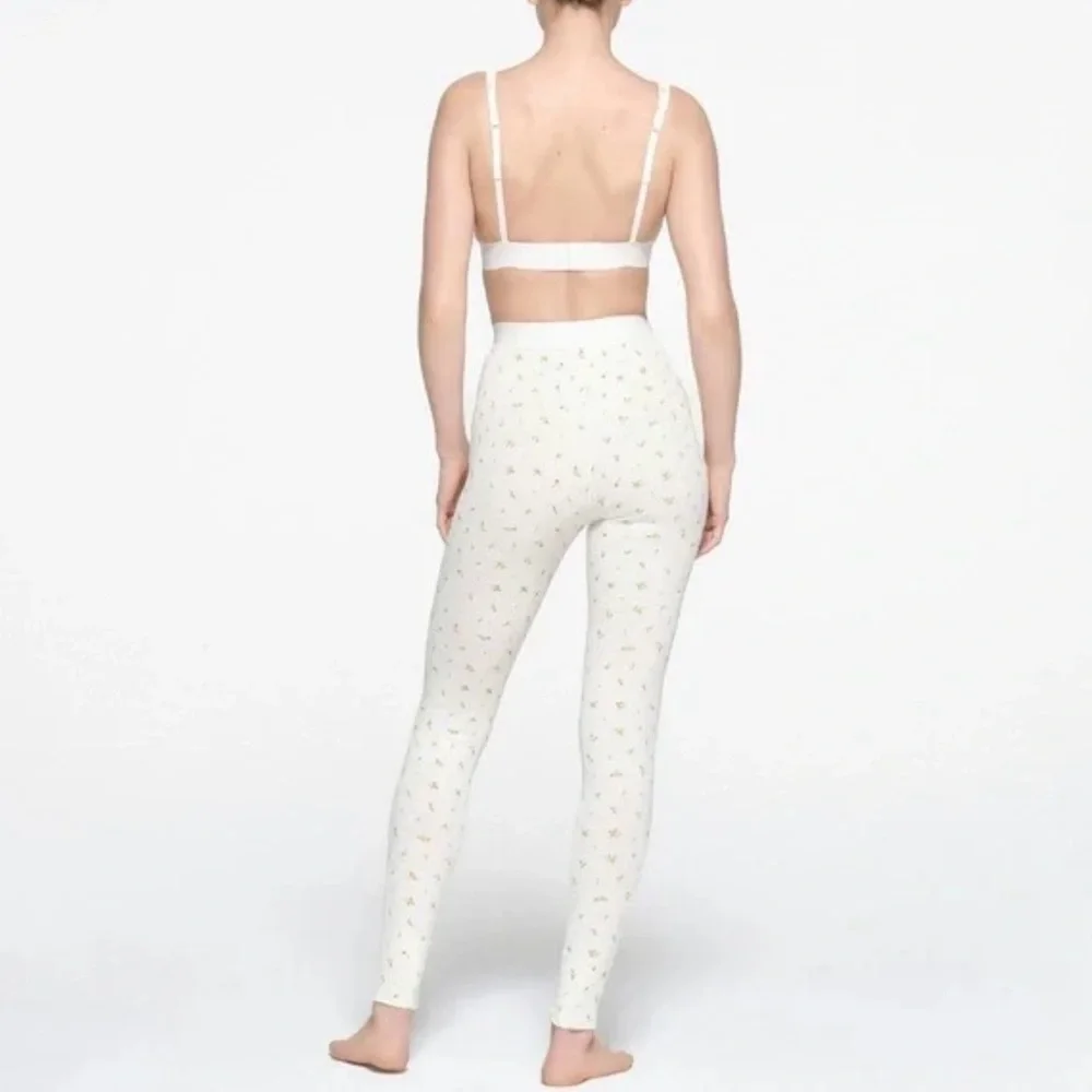 Skims Leggings Cream Marigold Floral Ribbed Knit Cotton Limited Edition Medium - Picture 3 of 6